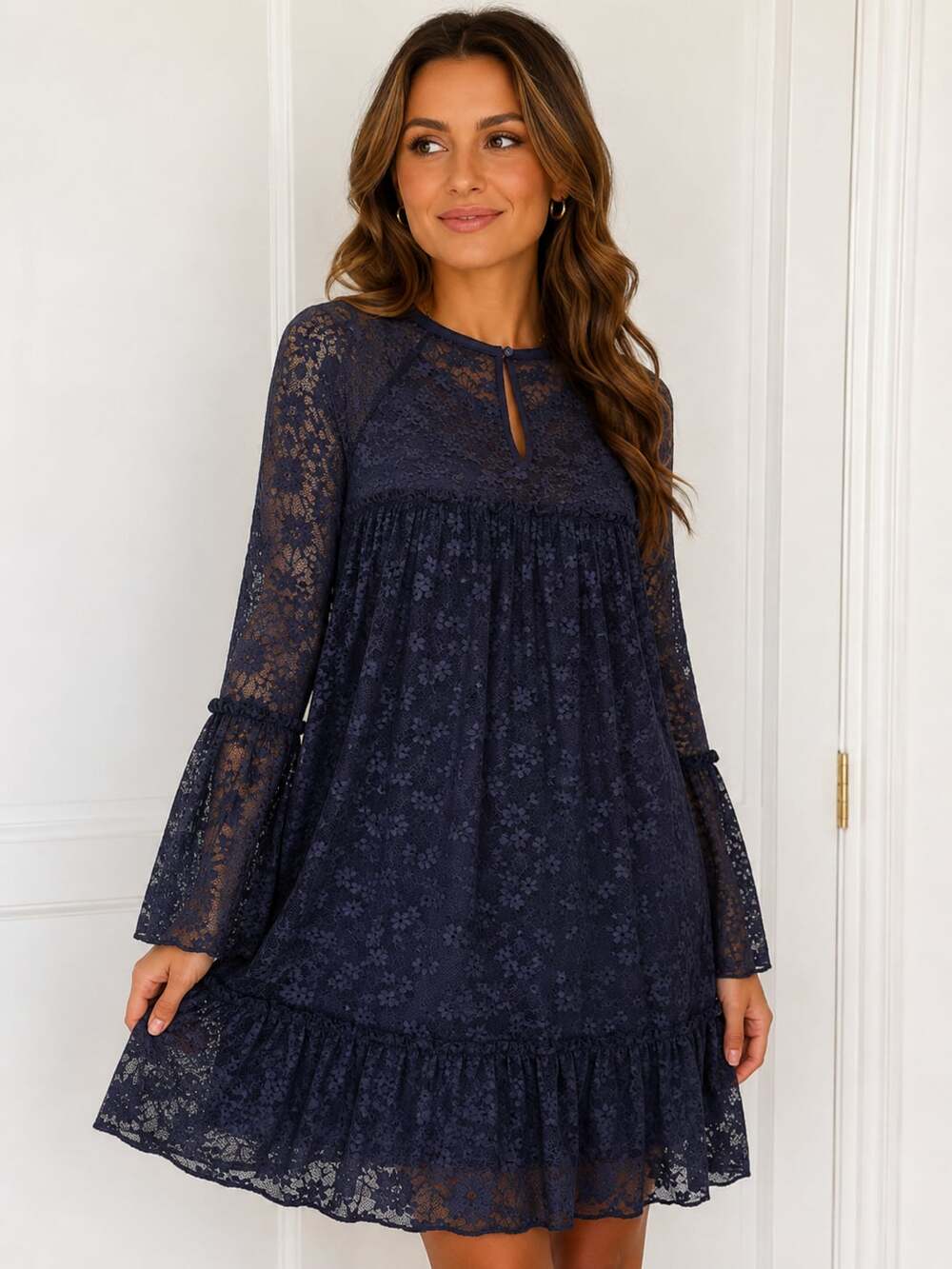 Michael Kors Navy Floral Lace Bell Sleeve Dress | Size Small